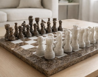 Handmade Marble Chess Set | Grey Stone Chess Board with Unique Pieces