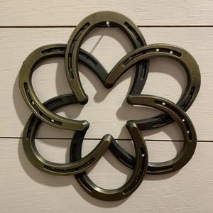 May include: A decorative wall hanging composed of six interlocking horseshoes arranged in a flower-like pattern. The horseshoes have a bronze finish and are mounted on a light-colored wooden surface.