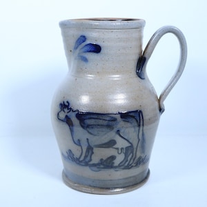 1991 Rowe Pottery Works Cambridge Wis Stoneware Pitcher Cobalt Cow 8.75" H