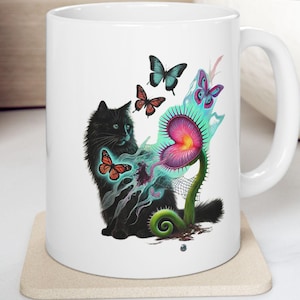 Mystical Black Cat Mug, Fantasy Art Coffee Cup, Surreal Butterfly and Enchanted Plant Design, Witchy Gift for Cat Lovers and Dark Aesthetic