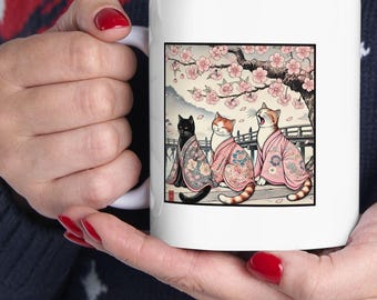 Tazza Sakura Cat, tazza da caffè con fiori di ciliegio giapponesi, estetica dei gatti kimono, tazza da tè ispirata all'Ukiyo-e, regalo per gli amanti del Giappone per gli amanti dei gatti