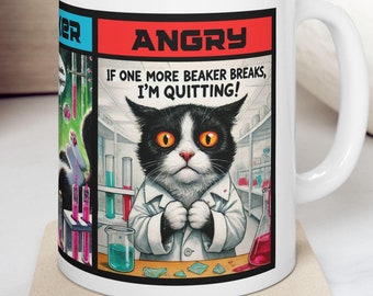 Funny Science Cat Mug - Hardwork, Slacker, Angry Laboratory Cup - Quirky Lab Humor Gift for Chemists & Cat Lovers - Scientist Cat Cup
