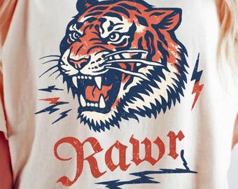 Vintage T-shirt met brullende tijger | Retro T-shirt met wilde dieren | Old school tattoo-stijl | Jaren 90 esthetisch grunge-shirt | Comfortkleuren Uniseks