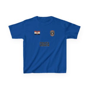 May include: A royal blue t-shirt featuring the word "CROATIA" in white block letters. Above the text are two emblems: the Croatian flag and a soccer ball with the word "CROATIA".