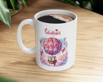 Valentinstag Heißluftballon-Katzentasse - Romantische Katzenpaar-Kaffeetasse - Bezauberndes Herz-Ballon-Design - Geschenk zum Thema Liebe