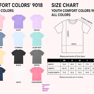 Może przedstawiać: Tabela rozmiar&oacute;w dla młodzieżowych koszulek Comfort Colors 9018, z wymiarami w calach. Tabela zawiera kolory takie jak Blossom, Violet i Orchid. Podane są wymiary szerokości, długości i długości rękawa.