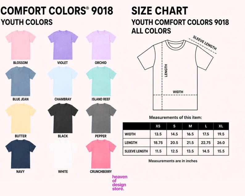 Może przedstawiać: Tabela rozmiar&oacute;w dla młodzieżowych koszulek Comfort Colors 9018, z wymiarami w calach. Tabela zawiera kolory takie jak Blossom, Violet i Orchid. Podane są wymiary szerokości, długości i długości rękawa.