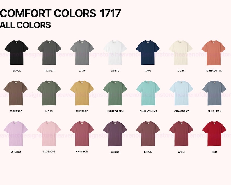 Może przedstawiać: Prezentacja koszulek Comfort Colors 1717 w r&oacute;żnych kolorach, w tym czarnym, białym i granatowym. Obraz przedstawia gamę odcieni, od neutralnych ton&oacute;w po żywe odcienie, z każdą koszulką starannie zaprezentowaną.