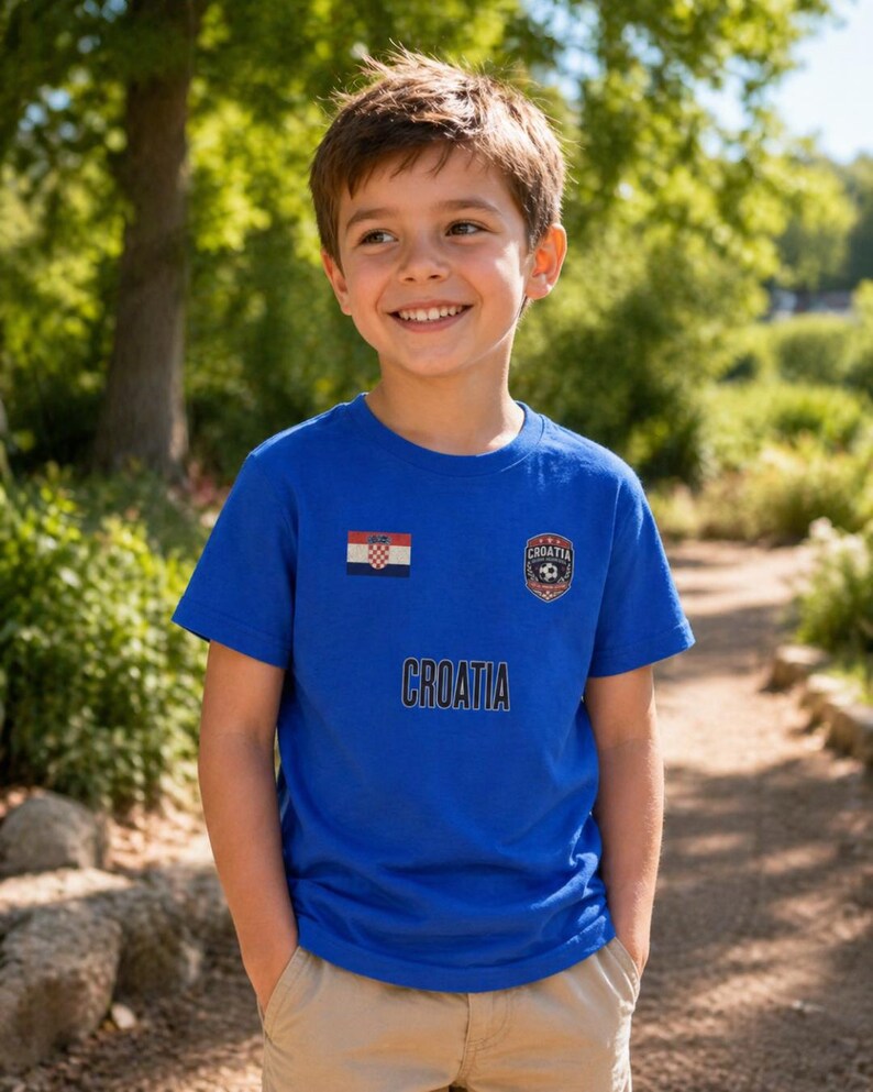 May include: A blue t-shirt with the word "CROATIA" printed across the chest. The shirt features the Croatian flag and a soccer ball emblem. The boy is wearing khaki pants and is smiling.
