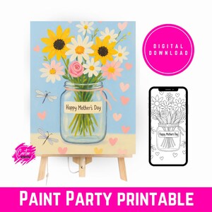 Pintura de flores para o Dia das Mães em pote de vidro | Festa da Pintura para Imprimir | Arte de Parede para Download Digital | Arte DIY para Crianças e Adultos | Impressão Instantânea de Tinta