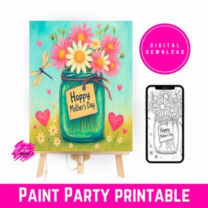 Pintura de pote de vidro para o Dia das Mães | Festa de pintura para impressão | Modelo de arte de flores faça você mesmo | Ideia de presente para download digital | Arte fácil para crianças e adultos