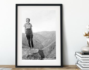 Fine Art Print of Vintage Photograph of Woman Girl Hiker on Mountain Outside for Rustic Home Decor.