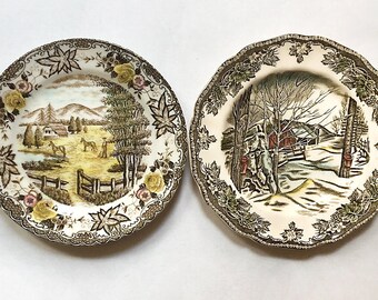 Vintage Pair Transferware Plates Mismatched Small Plate Countryside Trees Fall Autumn Leaves Farm Horses England