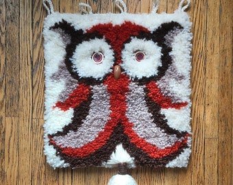 Vintage Owl Tapestry Textile Art Wall Hanging Hook Style Boho Hippie with Fringe