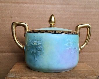 Vintage Art Deco Sugar Bowl Ceramic Porcelain Hand Painted Gold Antique Floral Design Daisy Blue Green