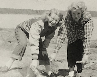 Vintage Photo Women Outside on Beach Lake Photo Friends or Sisters Camping in Flannel Snapshot Photograph.