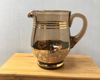 Vintage MCM Smoke Glass Creamer with Gold Stripes and Encrusted Textured Design Small Pitcher