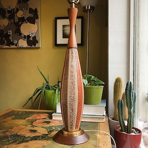 Vintage MCM Table Lamp Textured Ceramic Teak Wood Gold Accent Mid Century Modern