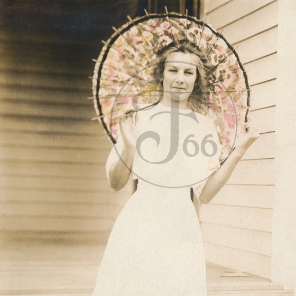 Vintage Photo Download Girl with Parasol Print Outside Woman Umbrella Hand Color Graphic Design Digital Download Printable 1930s