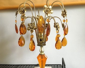 Vintage Hollywood Regency Amber Glass Table Lamp Waterfall Lamp Prism Glass Tear Drop Pendant Light Italianate Home Decor 1960s 1970s Swag