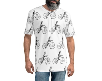 All Over TShirt Antique Bicycle Man All Over Steampunk Graphic Vintage Style Shirt Black on White