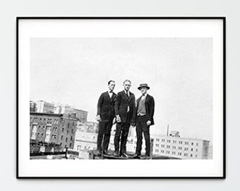 Fine Art Print of Vintage Photograph 3 Men on City Rooftop in Black and White 1930s Old Photo Wall Art