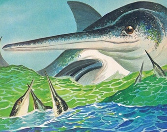 Vintage Art Print Prehistoric Ichthyosaur Illustration Sea Animal Wall Art for Kids Room Home Decor