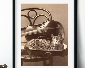 Vintage Photo Print Cat with Violin Old Photo Cute Cat and Music Wall Art