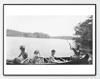 Fine Art Print of Vintage Photograph of Women Friends Boating In Canoe On Summer Vacation Lake for Rustic Home Decor.