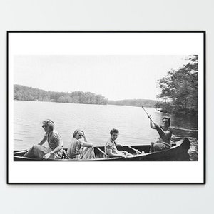 Fine Art Print of Vintage Photograph of Women Friends Boating In Canoe On Summer Vacation Lake for Rustic Home Decor.