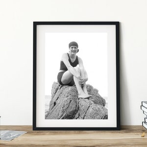 Fine Art Print of Vintage Photo of Woman in Swimsuit on Rock Summer Vacation Lake Photo for Rustic Home Decor.