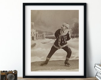Vintage Photo Print Man with Moustache Ice Skating Old Photo Winter Wall Art