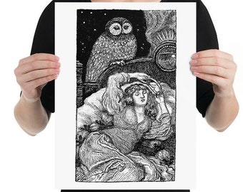 Vintage Art Print Owl and Reclining Woman Spooky Witchy Black and White Antique Drawing Wall Art