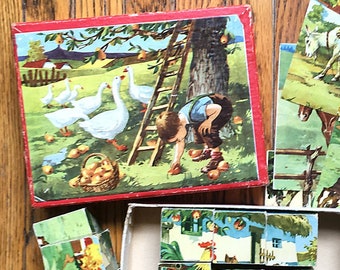 Vintage Wood Block Puzzle Farm Scene with Animals and Pictures.