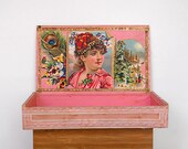 Vintage Pink Wood Cigar Box Our Gem Girl Red Cap Rose Graphic Design Tobacco Victorian Illustration Rare Tobacciana Collectible