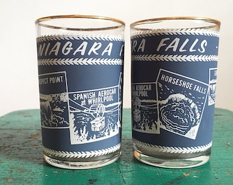 Vintage Souvenir Niagara Falls Canada Drinking Glasses Pair Slate Blue With Graphics of Landmarks Set of Two