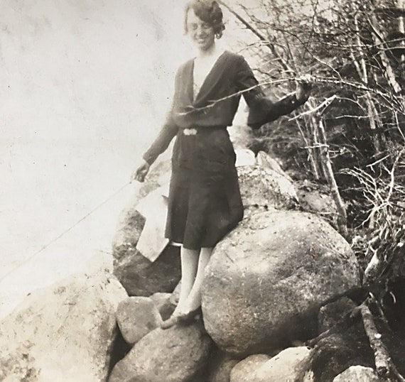 Vintage Photo Woman on Rocks Hiking Outdoors in a Dress 1920s or 1930s  Fashion Snapshot