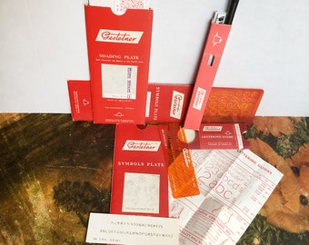 Rare Vintage Gestetner Graphic Design Tools Collection Set Plates Mimeograph Typography Symbols Stylus Collectible Industrial Office.