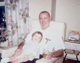 Vintage Photo Dad with Daughter Man with Girl in Christmas Living Room with a Beer 1960s Old Square Original Photograph