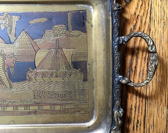 Vintage Egyptian Metal Souvenir Tray Rectangle of Copper and Brass Etchings of Pyramids Sphinx Hieroglyphs