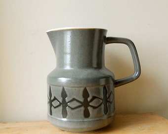 Vintage MCM Ceramic Pitcher or Vase Grey Porcelain with Black Geometric Design.