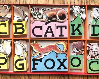 Vintage Animal Letters Kit Toy Animal Words Child Education Play Pictures Wood Block 1940s by A I Root