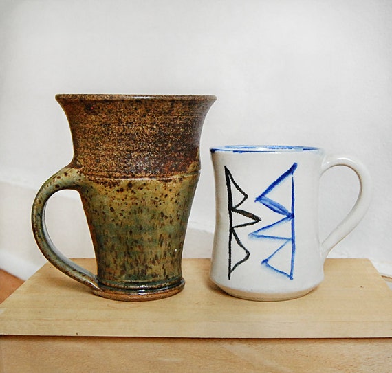 Handmade Pair of Ceramic Mugs or Cups with Geometric Triangle and Rust Green Organic Down to Earth for Coffee or Tea.
