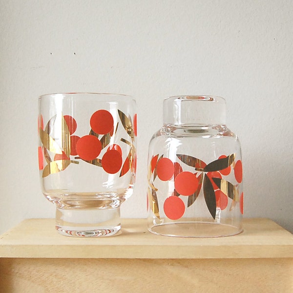 Vintage Pair of LowBall Drinking Glasses with Bold Red Cherry Dots and Shiny Gold Gild Leaves for Kitchen or Bar.