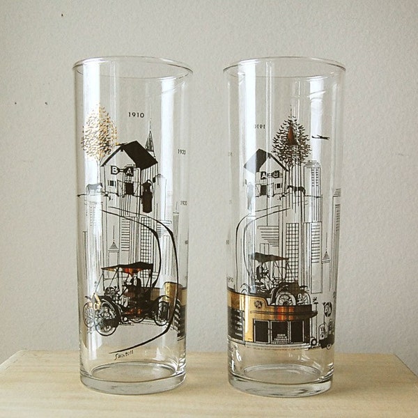 Pair of Vintage Drinking Glasses Mid Century Modern Gold and Black Tall Cocktail Barware with Transportation Theme.