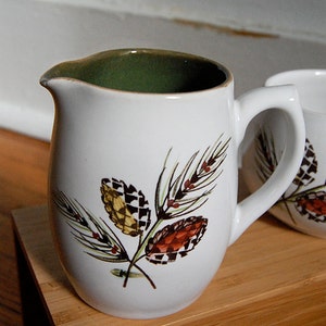 Vintage Ceramic Creamer and Sugar Bowl Cup by Langley Rustic Thanksgiving Autumn Woodland Nature Fall Pine Cone Acorn Set image 2