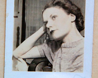 Vintage Old Photo Small Snapshot of Thoughtful Pretty Woman at Home Thinking 1930s Contemplating Wondering