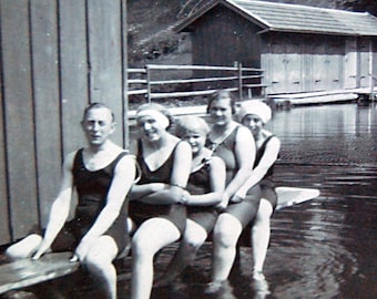 Vintage Photo Print of Swimsuit Family Friends at Lake Boathouse Summer Holiday 1930s Vacation Rustic Cottage Wall Art.