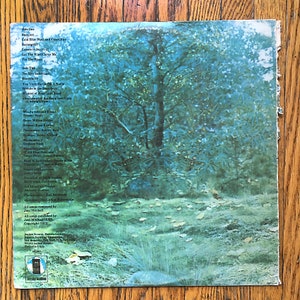 May include: Back cover of a vinyl record with a blue and green forest scene. The record is titled "Court and Spark" by Joni Mitchell. The track list includes "Cold Blue Steel and Sweet Fire", "Barangrill", "Lesson in Survival", "Let the Wind Carry Me", "For the Roses", "You Turn Me On a Radio", "Blonde in the Bar", "Judgment of the Moon and Stars", "Electricity", "Twisted", "Help Me", "Woodstock", "The Jungle Line", "Free Man in Paris", "River", "Amelia", "Down to You", "Just Like This Train", "Ladies' Man", "Don't Interrupt the Sorrow", "The Same Situation", "Carey", "Refuge of the Roads", "Court and Spark", "People's Parties", "Raised on Robbery", "Harry's House/Centerpiece", "Trouble Child", "The Same Situation (Reprise)", "Just Like This Train (Reprise)".