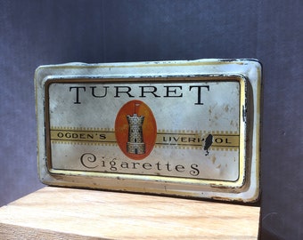 Vintage Tin Box Turret Cigarettes Ogden’s of Liverpool Imperial Tobacco Canada 1920s Stash Box.